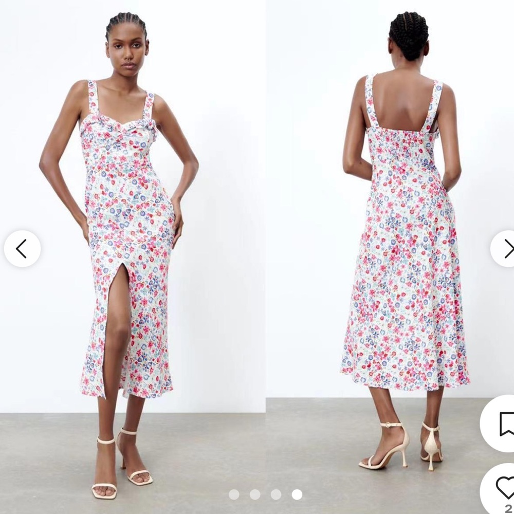 Zara Linen Blend Floral Midi Dress with Front Slit
